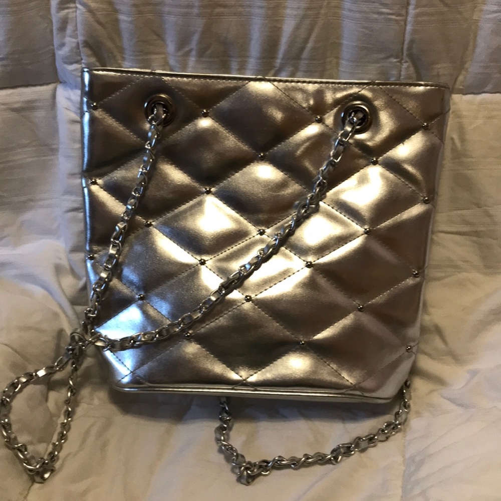 Silver Quilted Evening Tote Bag